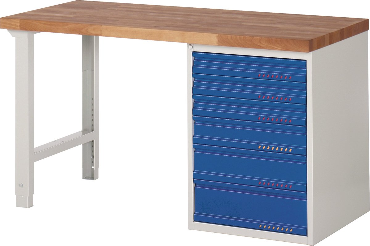 Werkbank Ser.BK 650 B1500xT700xH840mm Buche lichtgrau/blau 6 Schubl.TECWERK