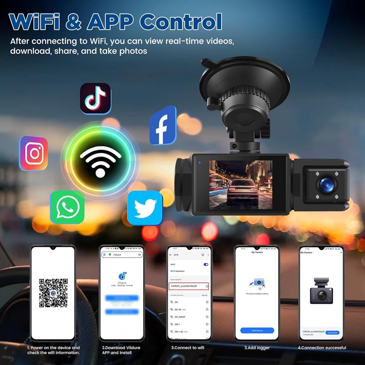 WiFi Dashcam voor Auto – 3-kanaals Draadloze Dashcam met App, Voor Binnenin Achter Camera, Full HD 1080P, 2” IPS-scherm, Nachtzicht, Bewegingsdetectie, Loopopname, 64GB-kaart Inbegrepen – foto 5