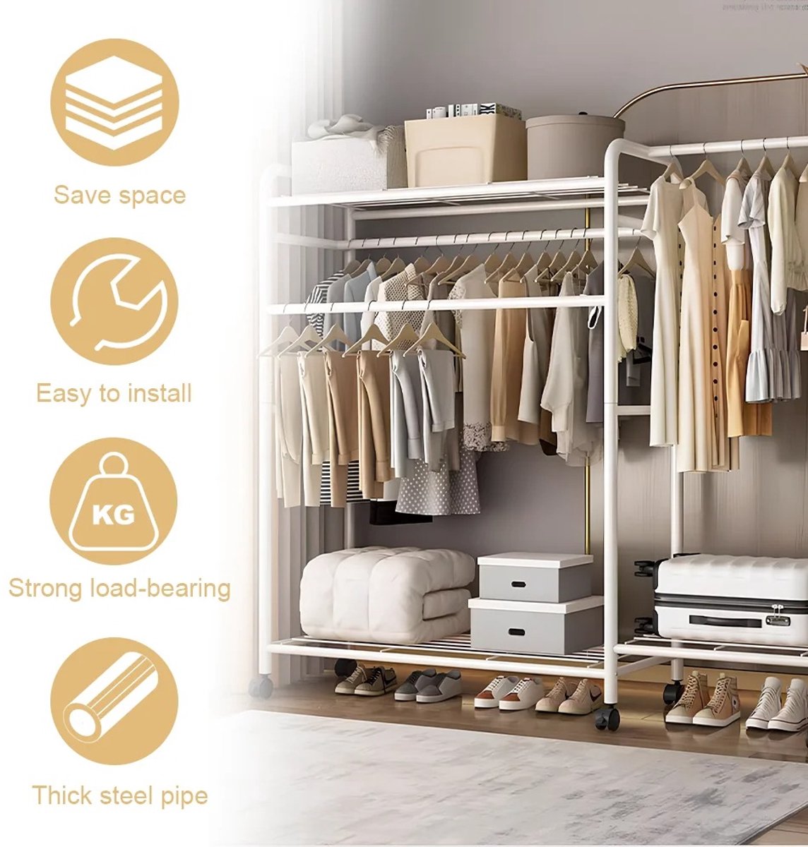 NordHaus Kledingrek - Dubbele Kapstok - Kledingorganizer - Extra Sterk Draagvermogen met Haken - Wit 150x37x165 cm