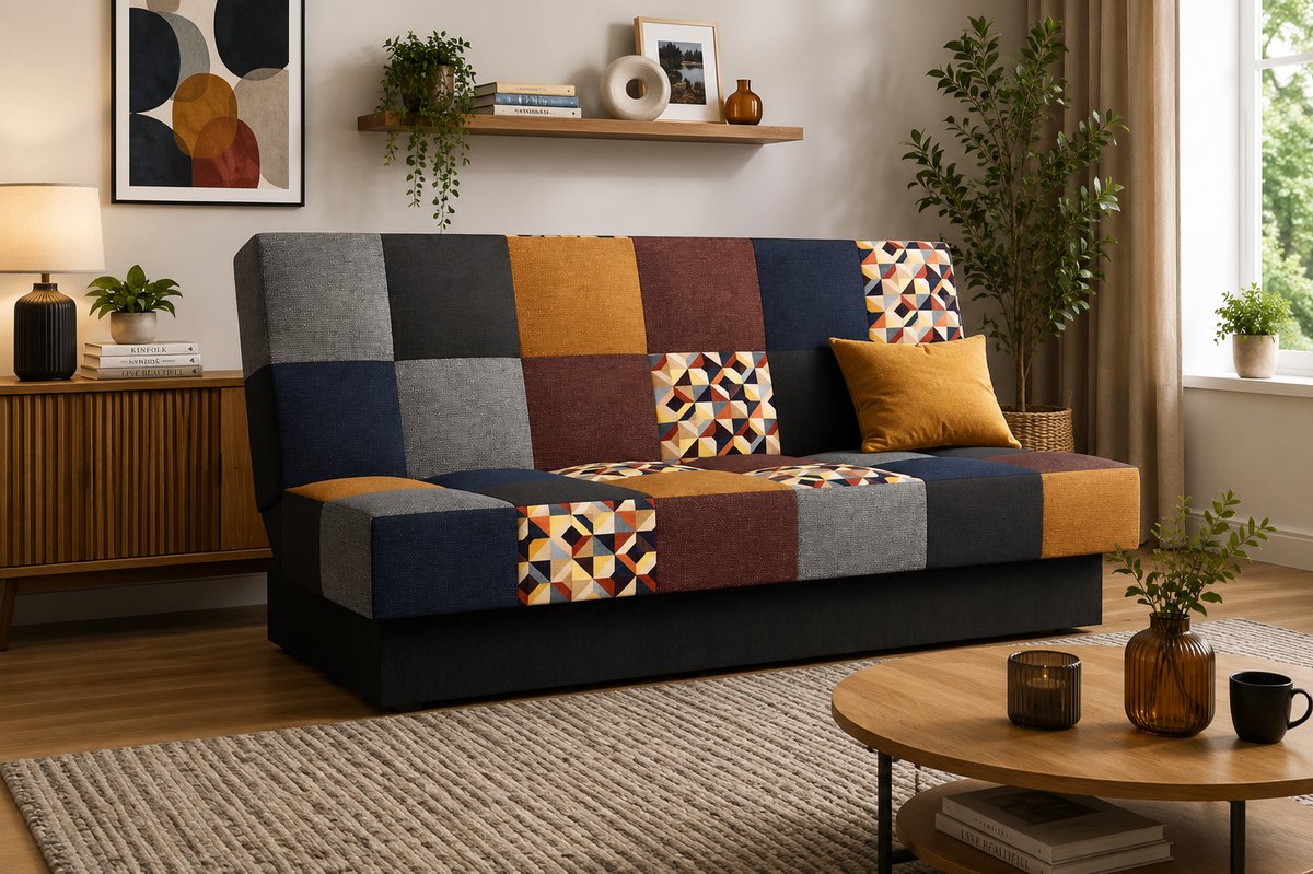 Slaapbank, sofa met slaapfunctie en opbergruimte, moderne bank, 3-zits, Slaapbank - Cyprus patchwork - Bordeau + Geel - Bragi 86/68/92/34/16 + M103