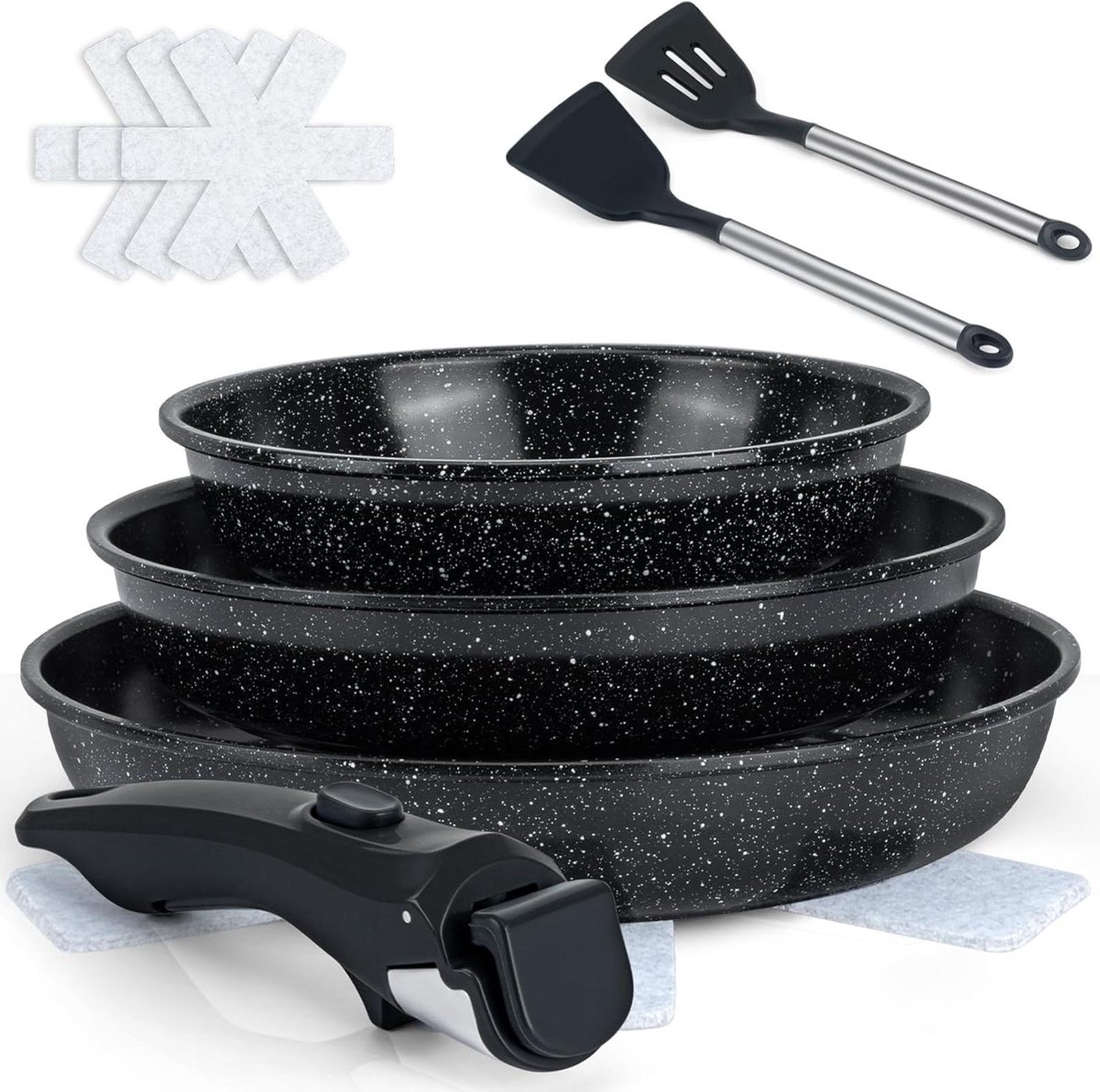 Pannenset Inductie - Koekenpan Set - Thuis Koken - Afneembare Greep - 3 Maten - Zwart