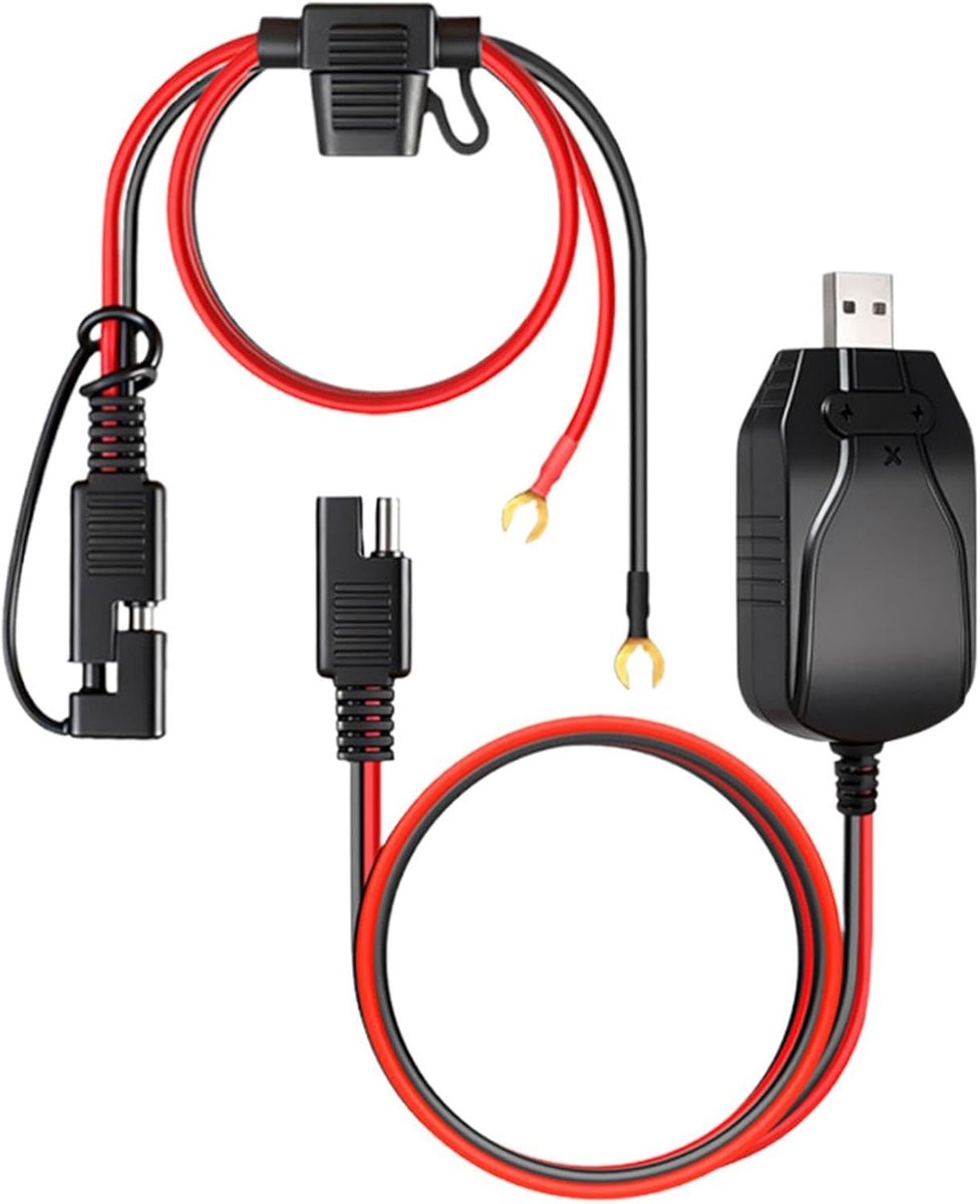 Motorfiets Acculader - Druppellader Slim - Accu Onderhoud - Dubbele Ring Aansluiting - 180 cm Kabel - Zwart