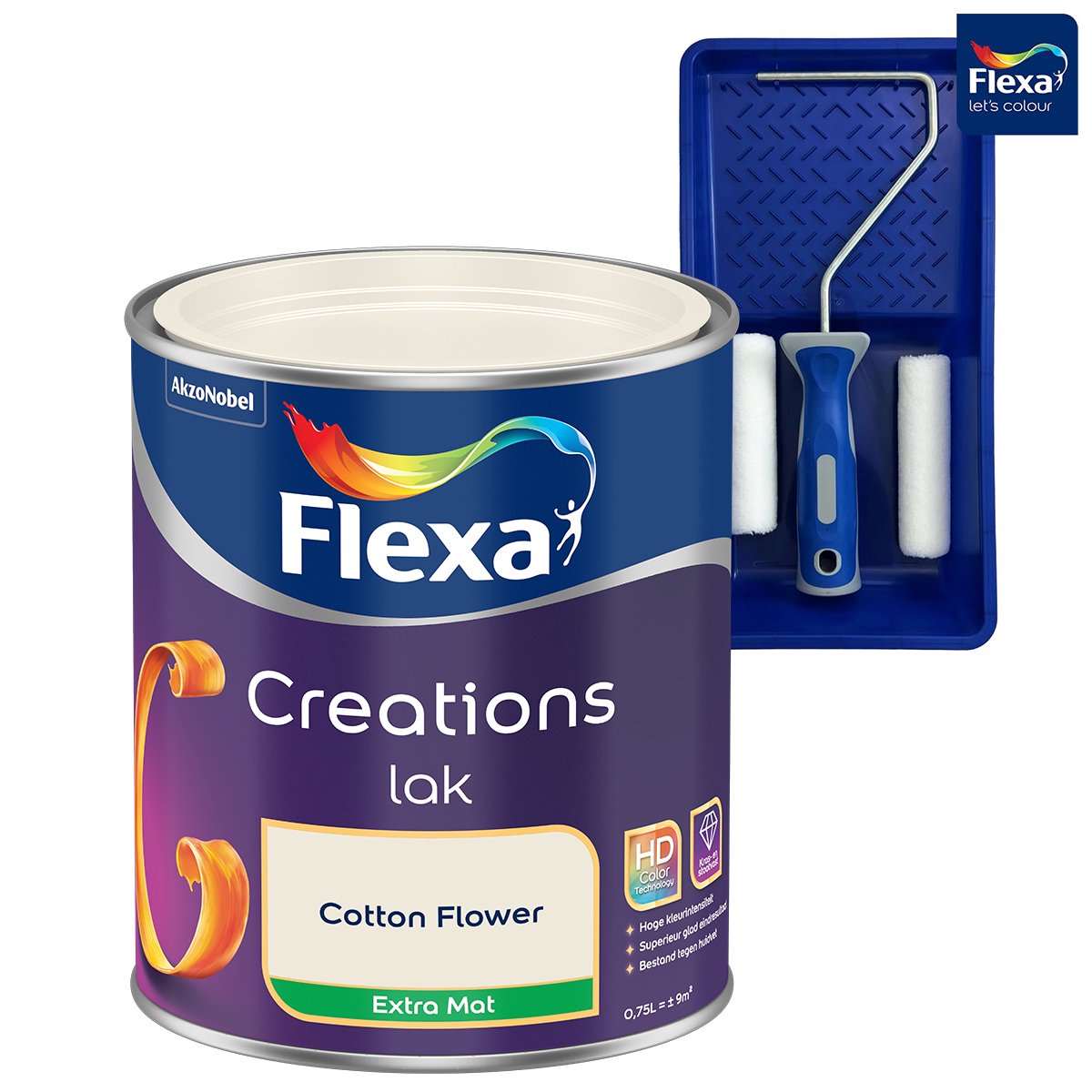 Voordeelpakket Flexa Creations - Lak Extra Mat - Cotton Flower - 750 ML + Lakroller - 4 Delig