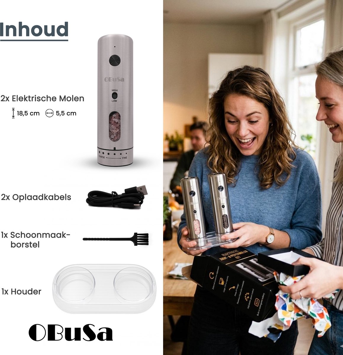 OBUSA - Hoogwaardige Elektrische Peper- en Zoutmolen Set - Keramisch Maalwerk - Instelbare Maalgraad en Snelheid - USB C Oplaadbaar - Antivingerafdruk RVS - Gemakkelijk bij te Vullen - Inhoud 110 ml — cadeau in Kookcadeaus - foto 8