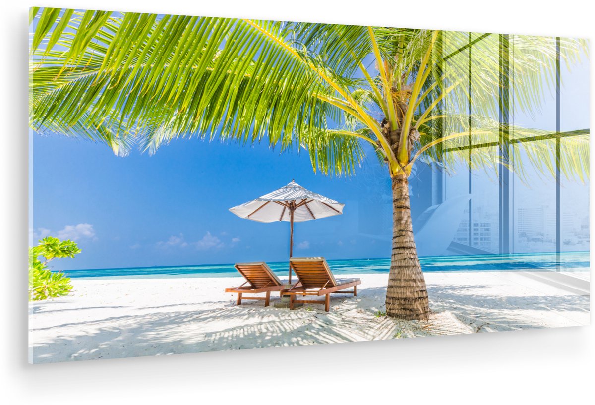 ® Glasschilderij 160x80 cm - Schilderij acrylglas - Palmboom - Strandstoel - Parasol - Foto op glas - Muurdecoratie woonkamer - Wanddecoratie slaapkamer - Schilderijen