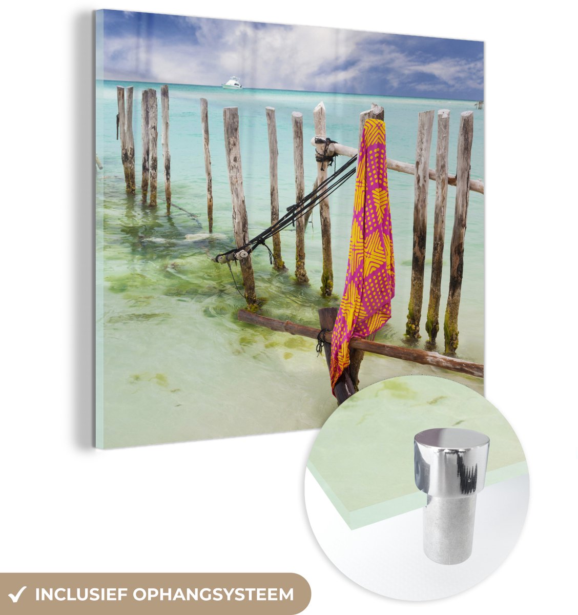 ® Glasschilderij 20x20 cm - Schilderij acrylglas - Houten palen in Caribische Zee op het e