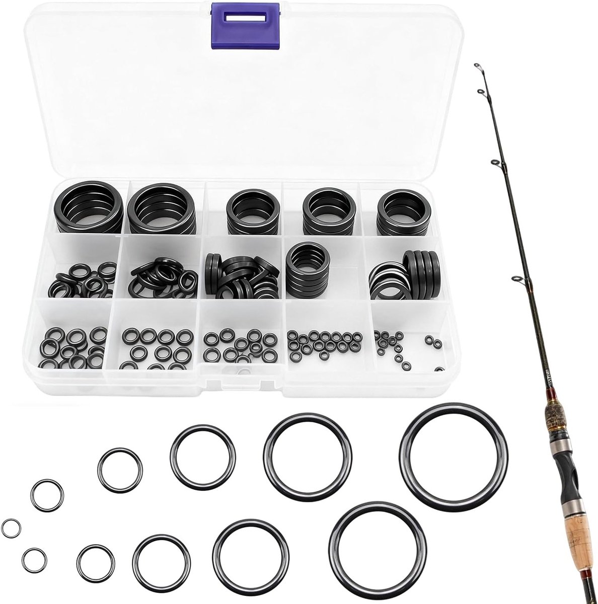 Complete Set Vissersringen, 160 Stuks in 15 Maten, Keramische Gidsen van 3.7 mm tot 30 mm, Inclusief Reparatieset voor Vissersmateriaal