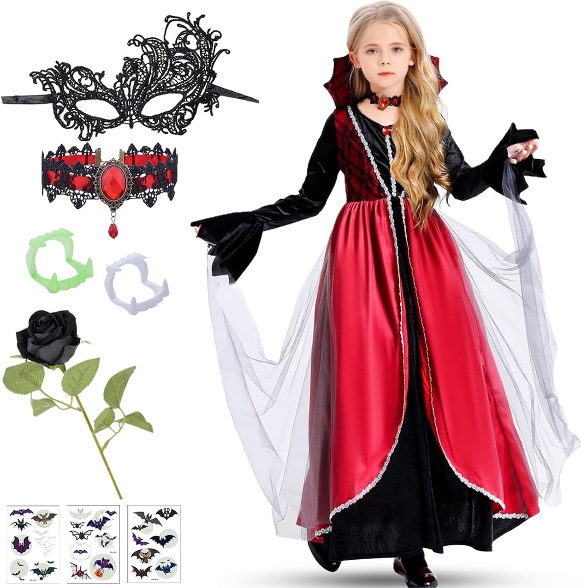Halloween Kostuum voor Meisjes met Vampier Cape, Jurk, Ketting, Valse Tanden en Oogmasker voor Carnaval en Themapartijen