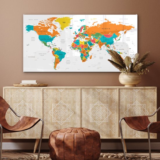 MuchoWow® Peinture sur verre 120x60 cm - Peinture sur verre acrylique - Wereldkaart Enfants - Terre - Topographie - Photo sur verre - Peintures