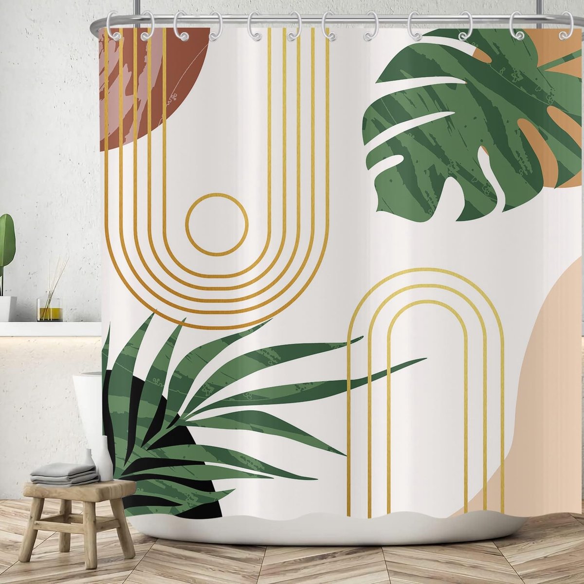 aladdien - Douchegordijn - Boho Bladeren - Waterdicht en Wasbaar - 180x200 cm - Modern Abstract Design - Geschikt voor Badkamer - Zwart Groen Beige