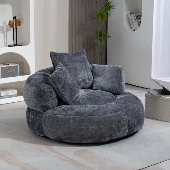 Wishdor Zitzakstoel - Hoge Rugleuning En Armleuningen - Ronde Loungestijl - Voor Woonkamer Of Slaapkamer - Chenille - Grijs - 108 X 108 X 52 Cm