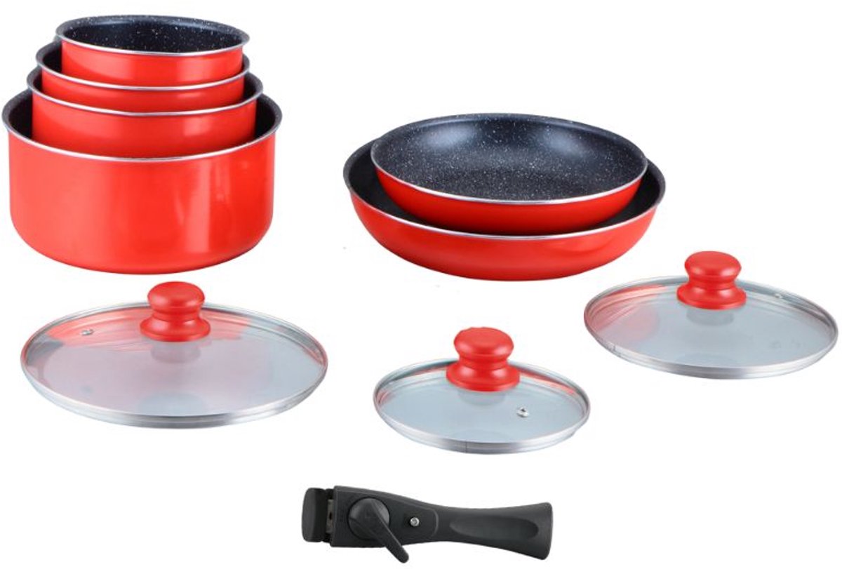 Batterie de cuisine revêtement pierre avec manche amovible 10 pieces rouge Hagen HA04623-RED