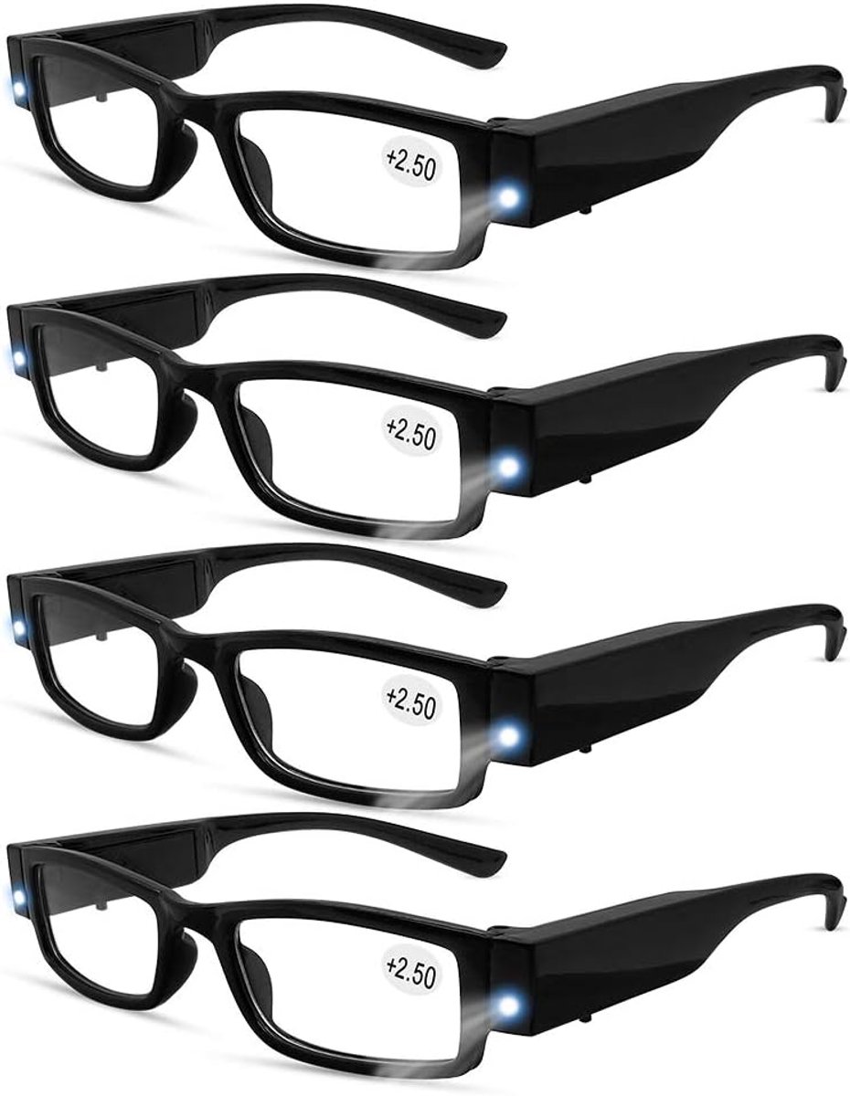 4 Stuks Leesbril met LED Verlichting - Unisex Mode Bril +250 Sterkte - Compact Volledig Montuur - Voor Dag en Nacht Lezen