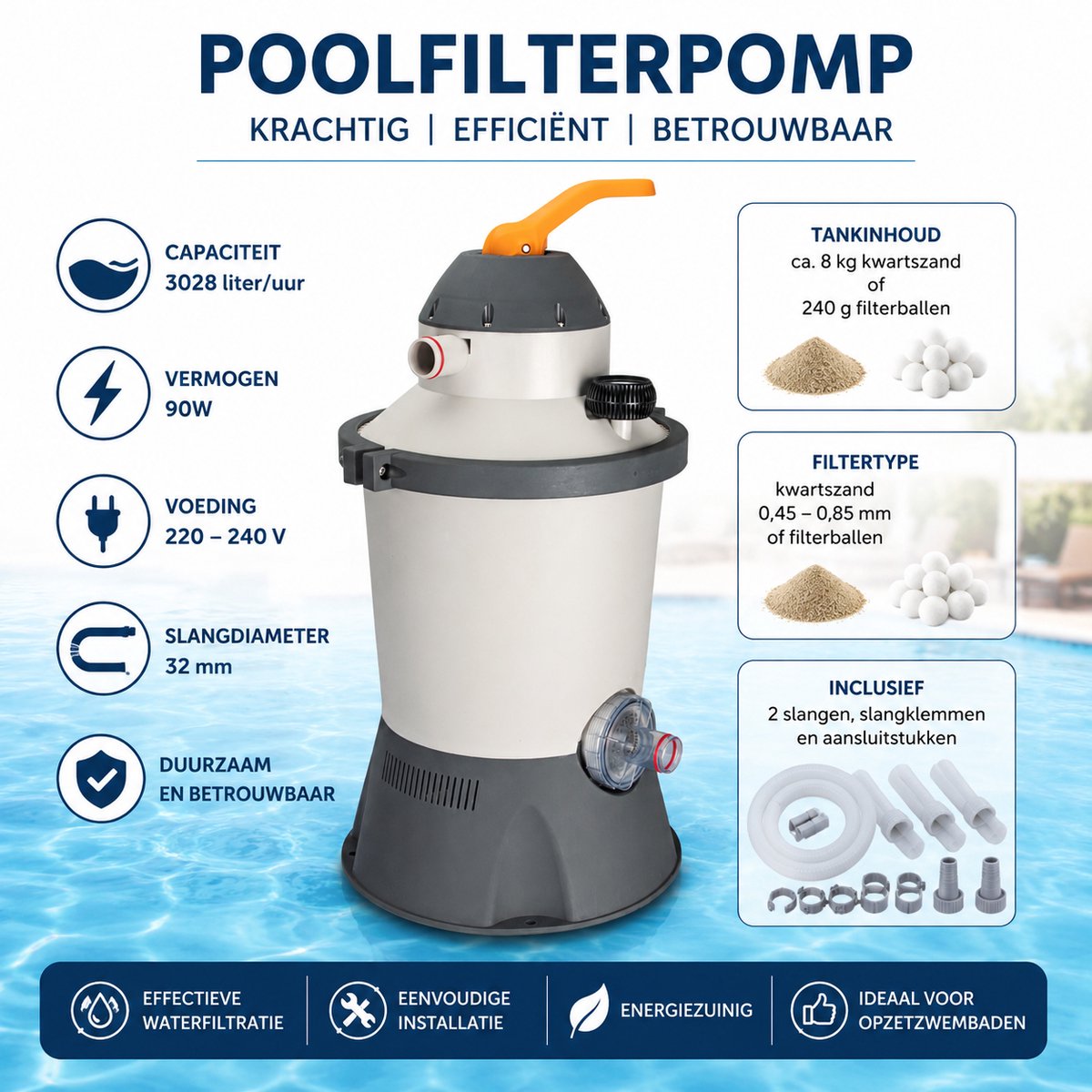 COIL Poolfilterpomp 3028 L/u met Slangen en Klemmen – Zandfilterpomp 90W voor Zwembad – Complete Filterset – foto 8