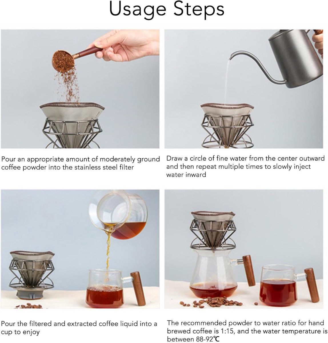 Set van 3 herbruikbare koffiefilters van roestvrij staal, draagbaar, gemakkelijk te reinigen, duurzaam, papervrij voor pour-over koffie — cadeau in Kookcadeaus - foto 2