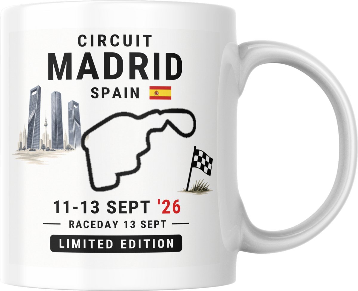 Hip met Pit Creaties - F1 Mok Madrid 2026 - Formule 1 Circuit Mok - Grand Prix Madrid 11-13 SEP '26 - Racedag 13 SEP - F1 Cadeau - Limited Edition Racefan Merchandise