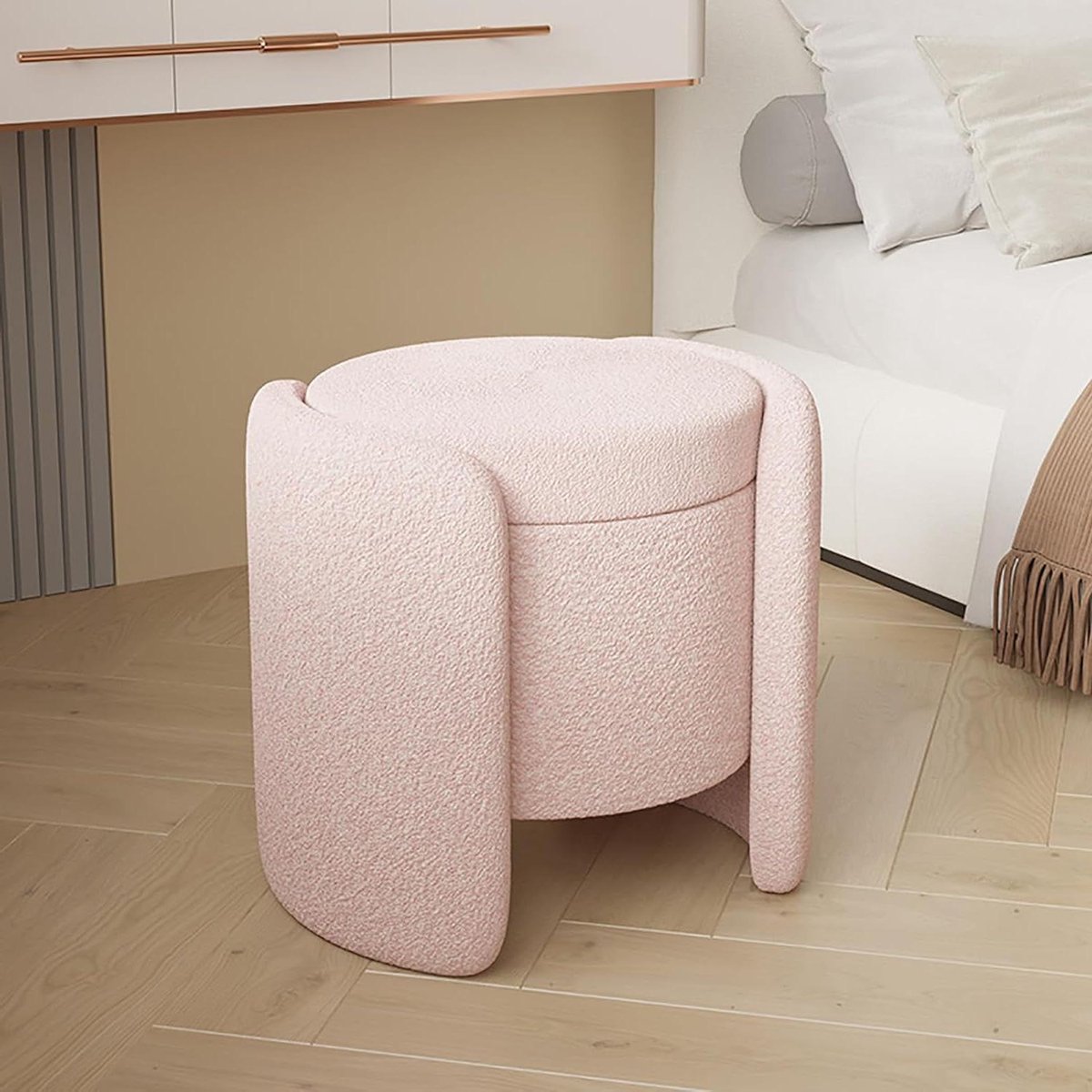 Gestoffeerde Poef - Opbergkruk - Extra Zitplaats - Met Deksel - 48x42cm - Roze
