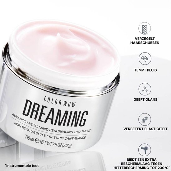 Color Wow Dreaming pot met roze crème, met iconen voor sealen, ontpluizen, glans, elasticiteit en hittebescherming.