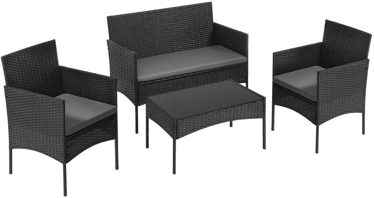 Archi tuinmeubelset – Loungeset – Glazen salontafel – 2 Fauteuils & 2-zitsbank – 4-Persoons – Zwart – Voor tuin, balkon & terras