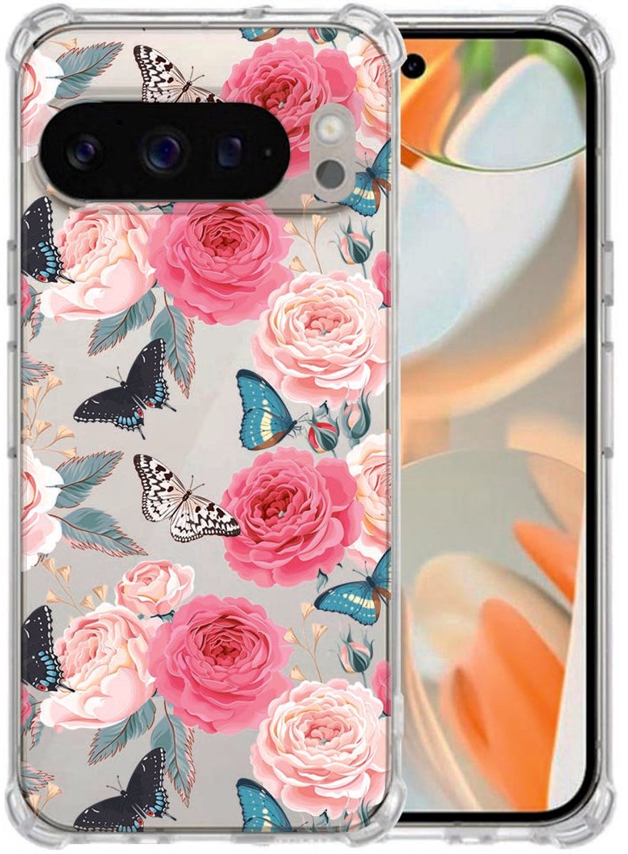 Google Pixel 10 Pro XL Hoesje Siliconen TPU Butterfly Roses Bloemen Schokbestendig