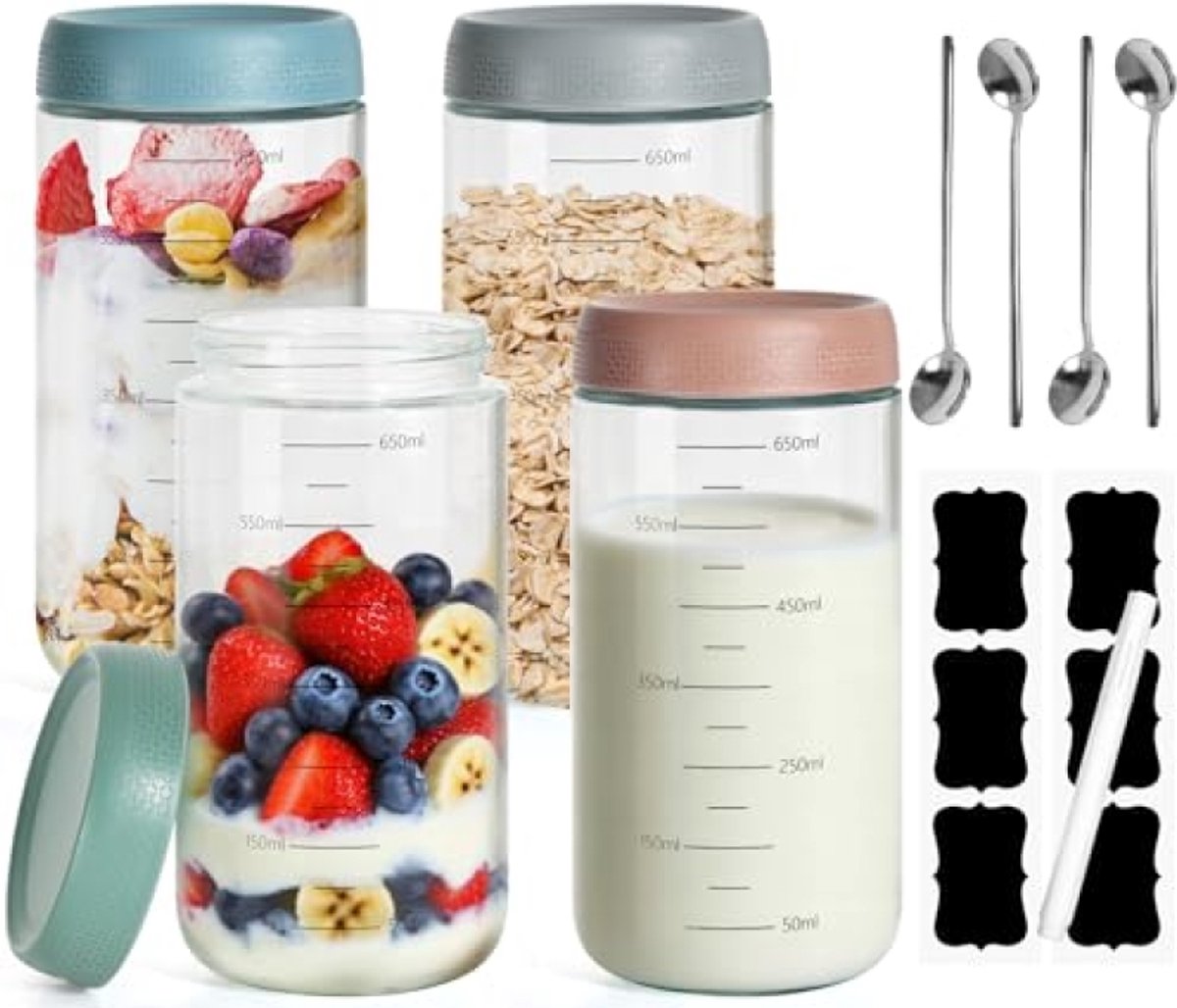 PromoHome Overnight Havermout Glazen Set 4x 750 ml - Meal Prep Glazen met Schroefdeksel en Meetmarkeringen - Multifunctionele Voedselcontainers voor Keuken, Magnetron- en Vaatwasserbestendig