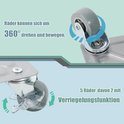 Close-up van een wiel op een transportroller met 360° draaibeweging en een wiel met remfunctie.
