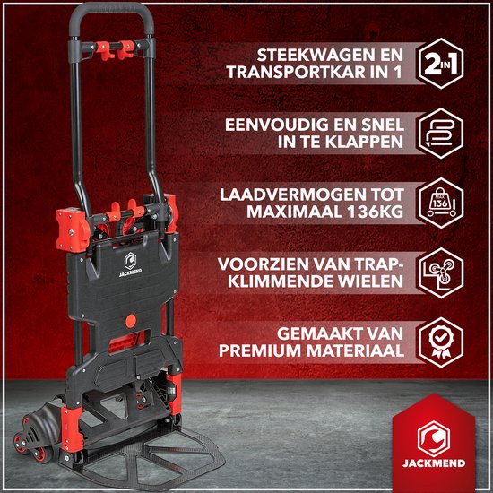 Zwarte en rode Jackmend 2-in-1 steekwagen/transportkar met tekst 'Laadvermogen tot maximaal 136KG'.