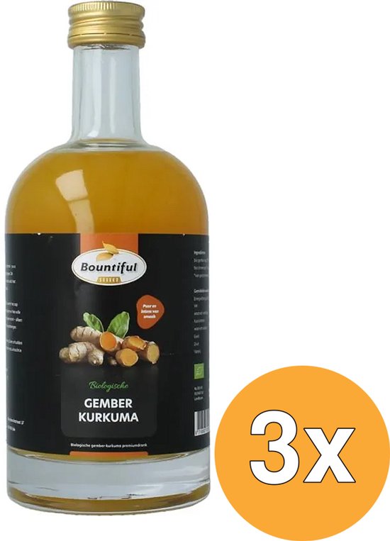 Bountiful Select biologische gember kurkuma sap in glazen fles, met 3x logo.