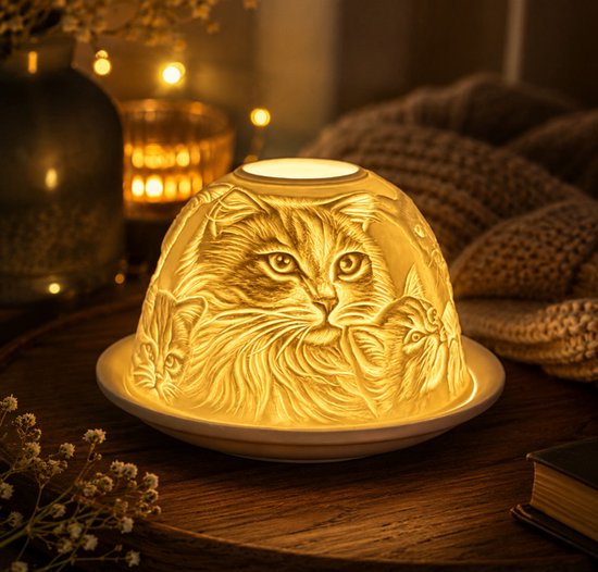 Candle Wisdom – Porseleinen waxinelichthouder – Cats – Katten - Porseleinen theelichthouder – Porseleinen koepel – Sfeerlicht - Cadeau – Geschenk – Valentijn – Moederdag – Verjaardag – Kerst