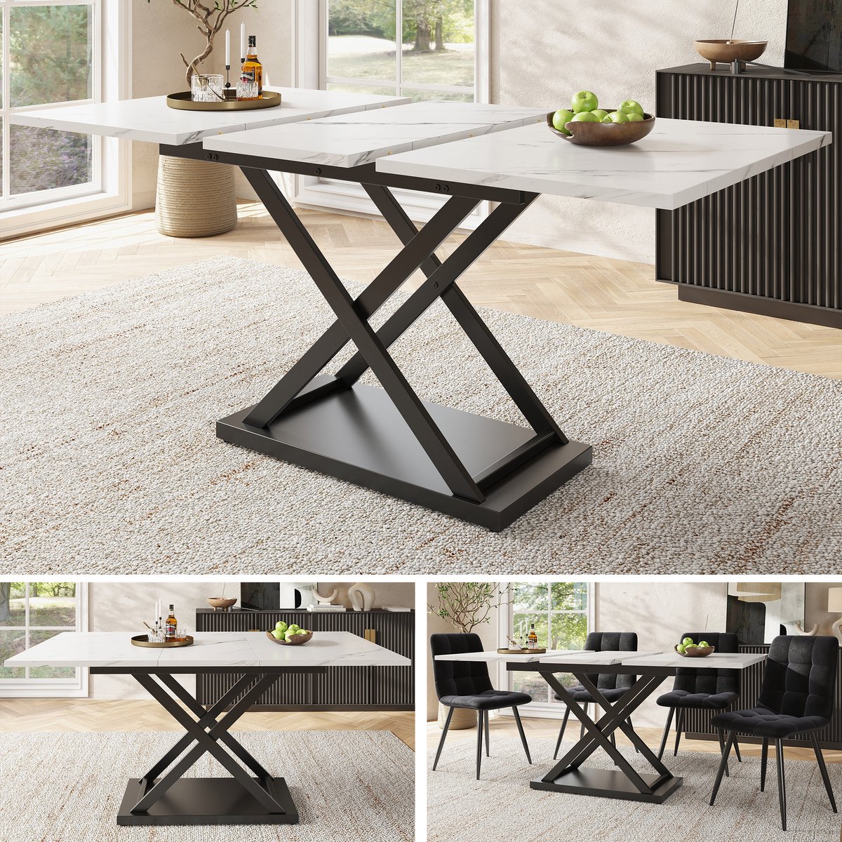 Uitschuifbare Eettafel, Telescopische Eettafel (120-160×80cm), Ruimtebesparende Keukentafel, Zwarte Gekruiste Ijzeren poten, voor Keuken en Woonkamer, Walnootkleurige Eettafel-White-A