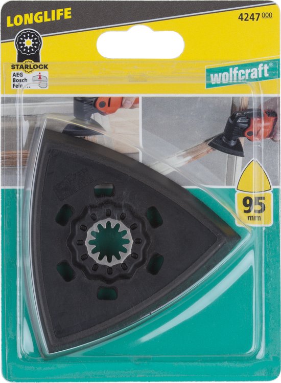 Verpakking van een wolfcraft Starlock multitool schuurzool van 95mm, met een driehoekige zwarte zool en zilveren bevestiging.