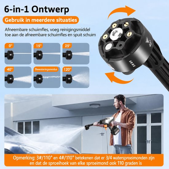 Draadloze hogedrukreiniger batterij 21V, 65 bar, auto hogedrukreiniger met 5 m slang en 6-in-1-sproeiers, 2 batterijen, elektrisch waterstraalpistool van Merkloos	 — afbeelding 3