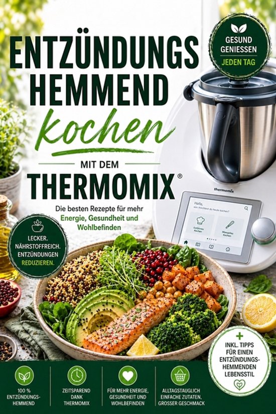 Boek "Ontstekingsremmend koken met de Thermomix" met een voedzame maaltijd en de Thermomix keukenmachine.