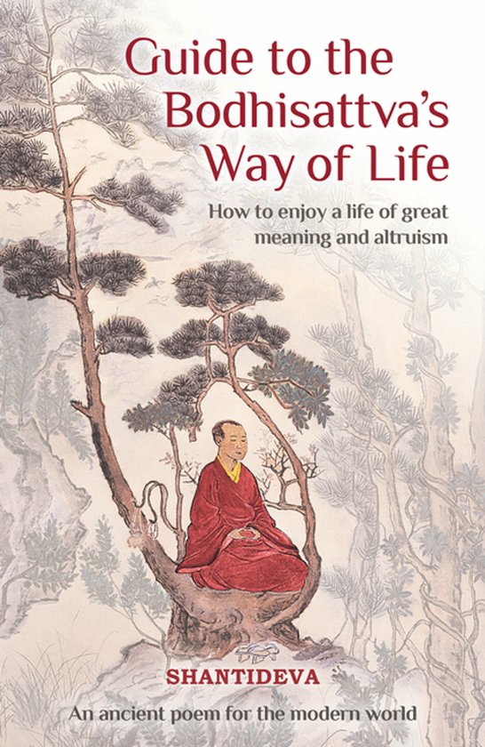 Boek 'Guide to the Bodhisattva's Way of Life' met een monnik in rode gewaden zittend in een boom. Tekst: 'Guide to the Bodhisattva's Way of Life'.