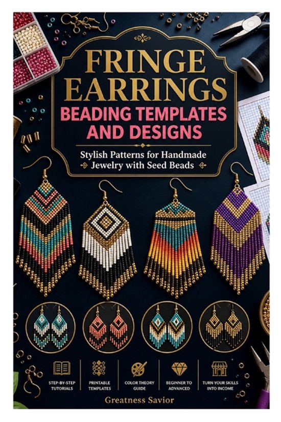 Boek 'Fringe Earrings Beading Templates and Designs' met patronen voor oorbellen met zaadkralen. Vier voorbeelden van oorbellen met franjes en patronen.