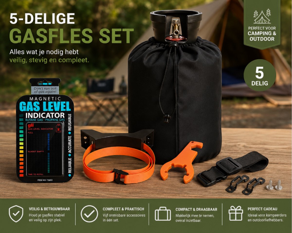 Camping Set Cadeau – 5-Delige Gasfles Accessoire Set voor Caravan & Camper – Inclusief Beschermhoes, Gasmeter en Bevestigingsset