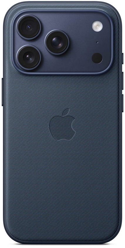 Achterkant van een blauw TechWoven hoesje voor iPhone 17 Pro met Apple logo en drievoudige camera.