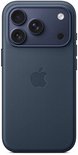 Achterkant van een blauw TechWoven hoesje voor iPhone 17 Pro met Apple logo en drievoudige camera.