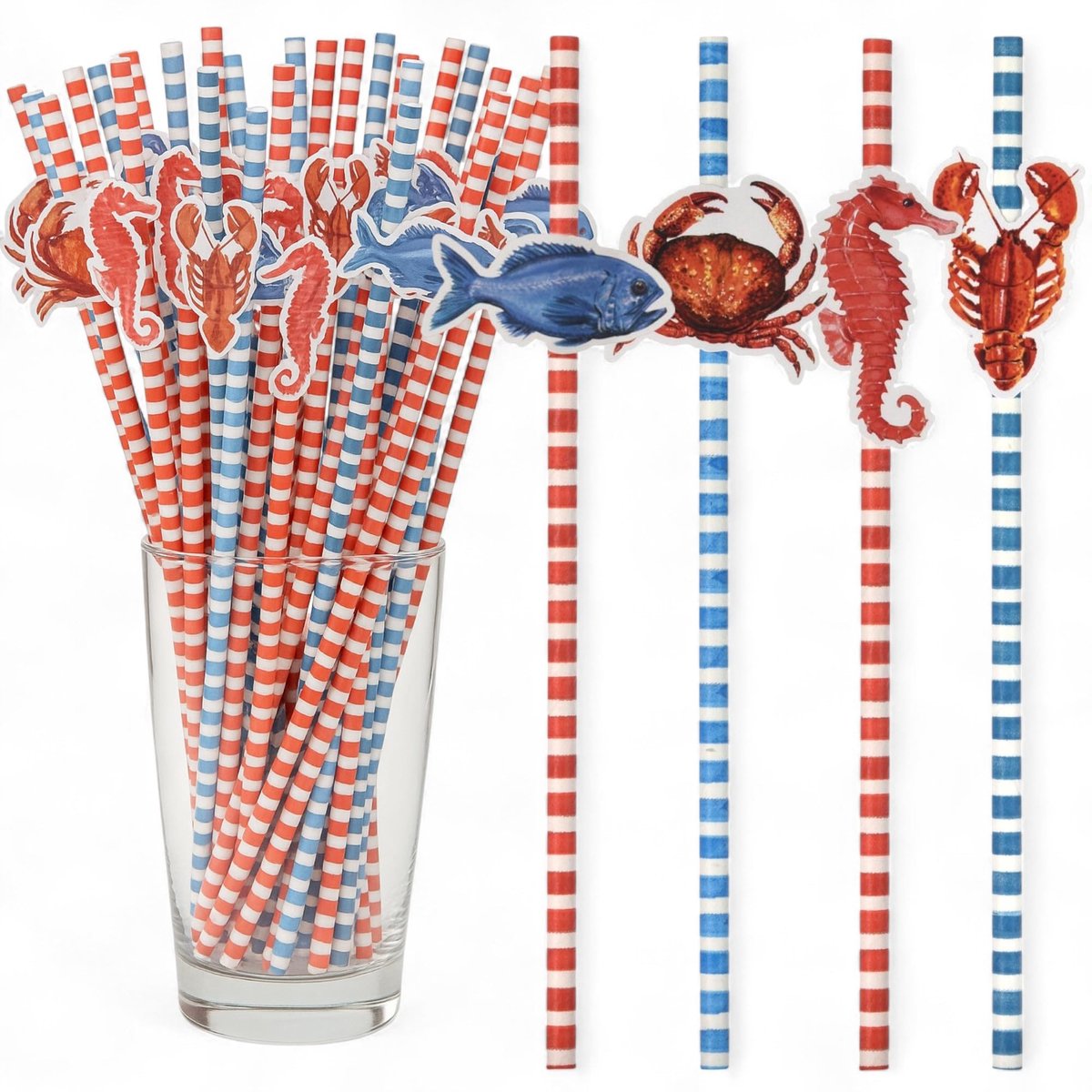 aladdien - Biologisch Afbreekbare Papieren Rietjes - Marine Strepen - Feestdecoratie - Blauw/Rood - Duurzaam en Veilig - 64 Stuks - Voor Verjaardagen