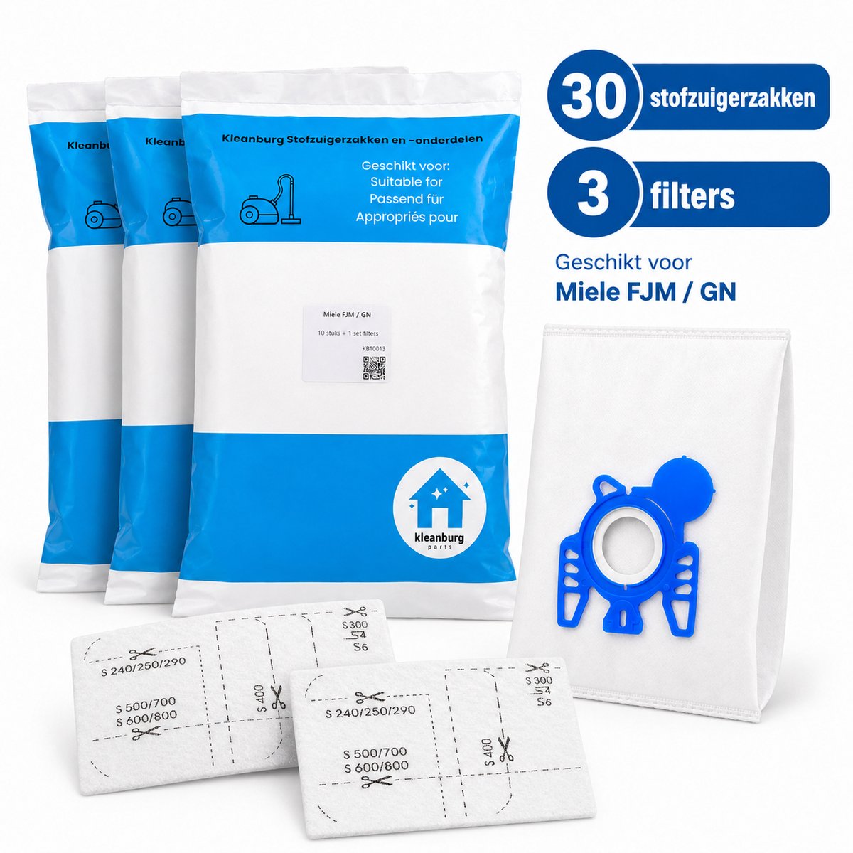 Kleanburg® - Stofzuigerzakken Miele GN 3-D - Classic C1, Complete C2, Complete C3, Cat and Dog - 30 Stofzuigerzakken en 3 Filters