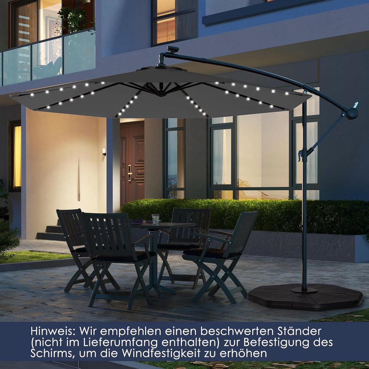 COSTWAY Parasol 300 cm, zweefparasol met 40 ledlampen op zonne-energie en zwengel, tuinscherm, marktparasol, terrasparasol voor tuin, zwembad, terras, antraciet, antraciet, 300 cm – foto 6