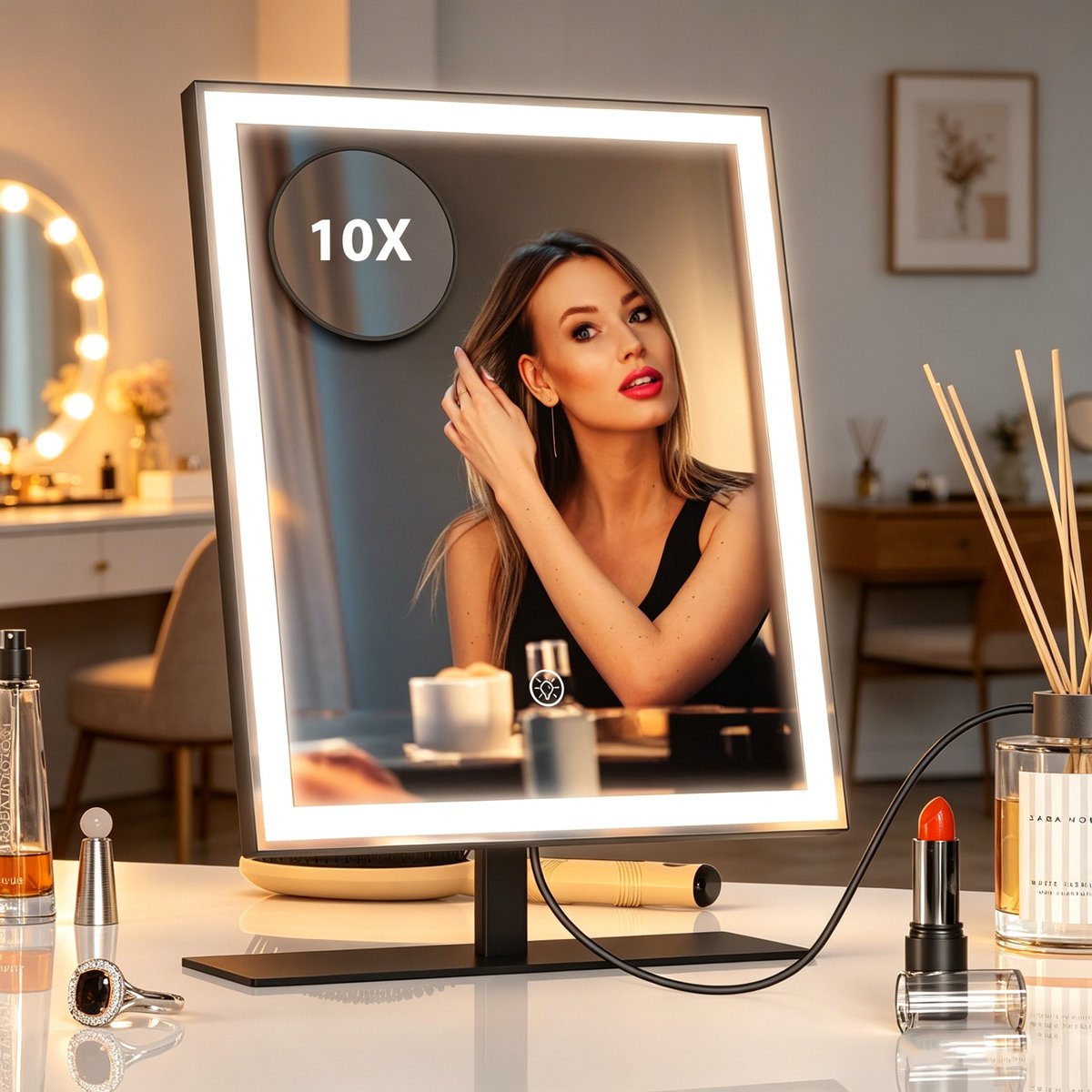 ANTENLICHT Make Up Spiegel met LED Verlichting - 34x25CM - 10x Vergroting - Vergrootspiegel met Licht - Oplaadbaar - Scheerspiegel - Badkamerspiegel - Zwart