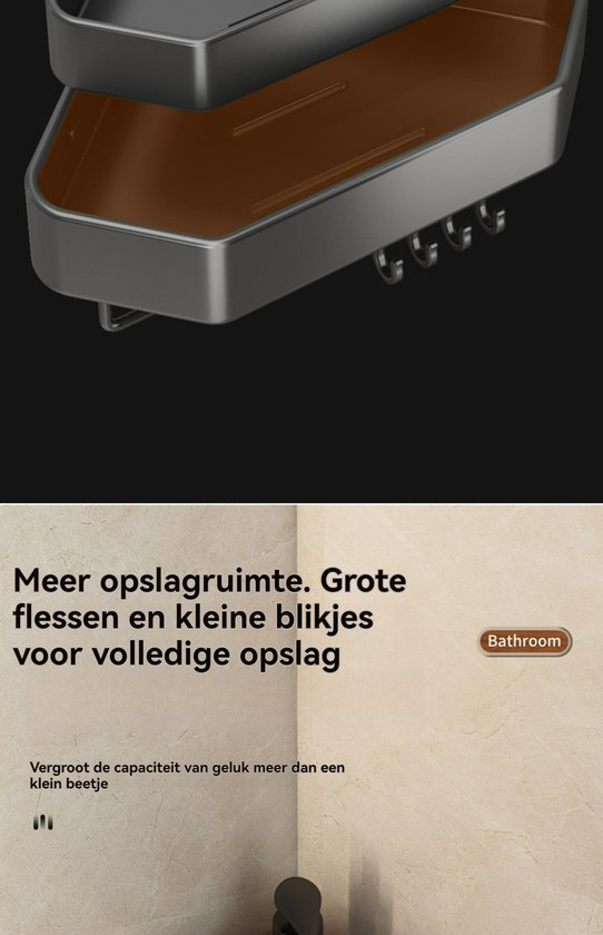 Twee grijze douchebakken met haken, ontworpen voor extra opbergruimte.