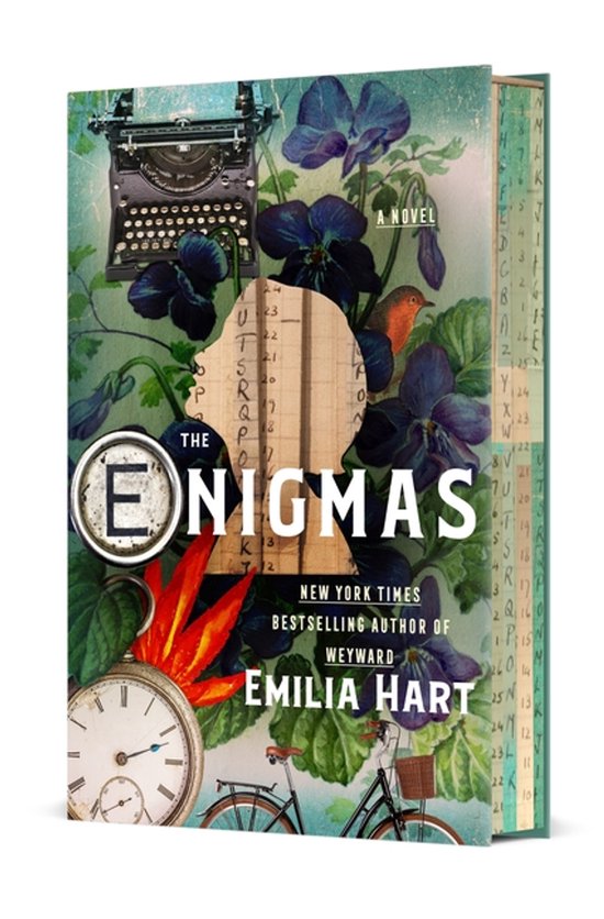 Boekomslag van "The Enigmas" met een typemachine, viooltjes, een vogel, een zakhorloge en een fiets.