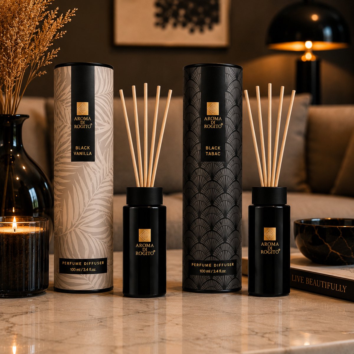 EasyMart Geurstokjes Set – Black Vanilla & Black Tabac – Premium Huisparfum – Geurverspreider met 12 Rotan Stokjes – Luxe Geurset voor Woonkamer, Badkamer & Interieur – 100ml x2 — cadeau in Wonen & Interieur - foto 3