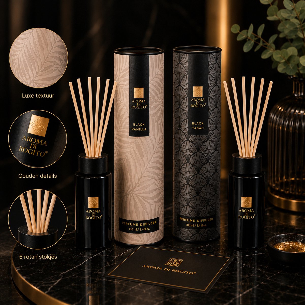 EasyMart Geurstokjes Set – Black Vanilla & Black Tabac – Premium Huisparfum – Geurverspreider met 12 Rotan Stokjes – Luxe Geurset voor Woonkamer, Badkamer & Interieur – 100ml x2 — cadeau in Wonen & Interieur - foto 4