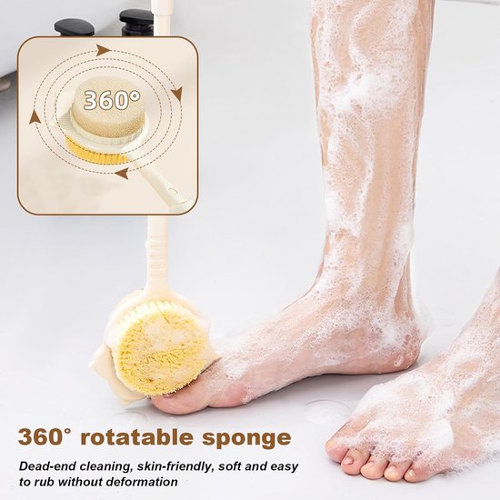 Telescopische doucheborstel met 360° roterende borstelkop, verstelbare lengte, dubbelzijdig siliconen spons en nylon borstels, antislip handvat, opbergclip — afbeelding 3
