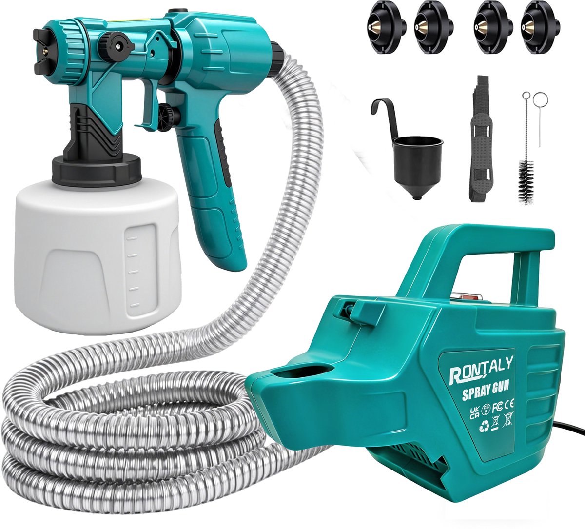 Verfspuit, 200W HVLP elektrische verfspuit met 2,5 m luchtslang, 1200 ml afneembare container, 4 spuitmondmaten en 3 spuitpatronen, krachtige verfspuit voor meubels, kasten en hekken.