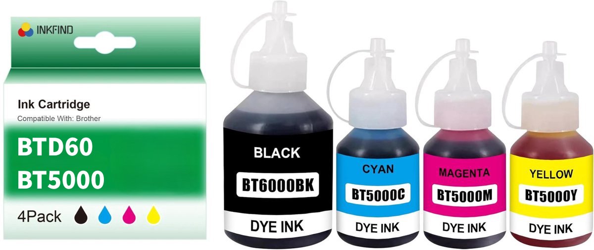INKFIND BTD60BK BT6000 BT5000 inkt geschikt voor Brother BTD60BK BT6000 BT5000 Refill ink 4-kleuren multipack voor Brother DCP-T300 Brother DCP-T310 Brother DCP-T500W T510W Brother DCP-T700W Brother DCP-T710W MFC-T800W Brother MFC-T4500DW HL-T4000DW