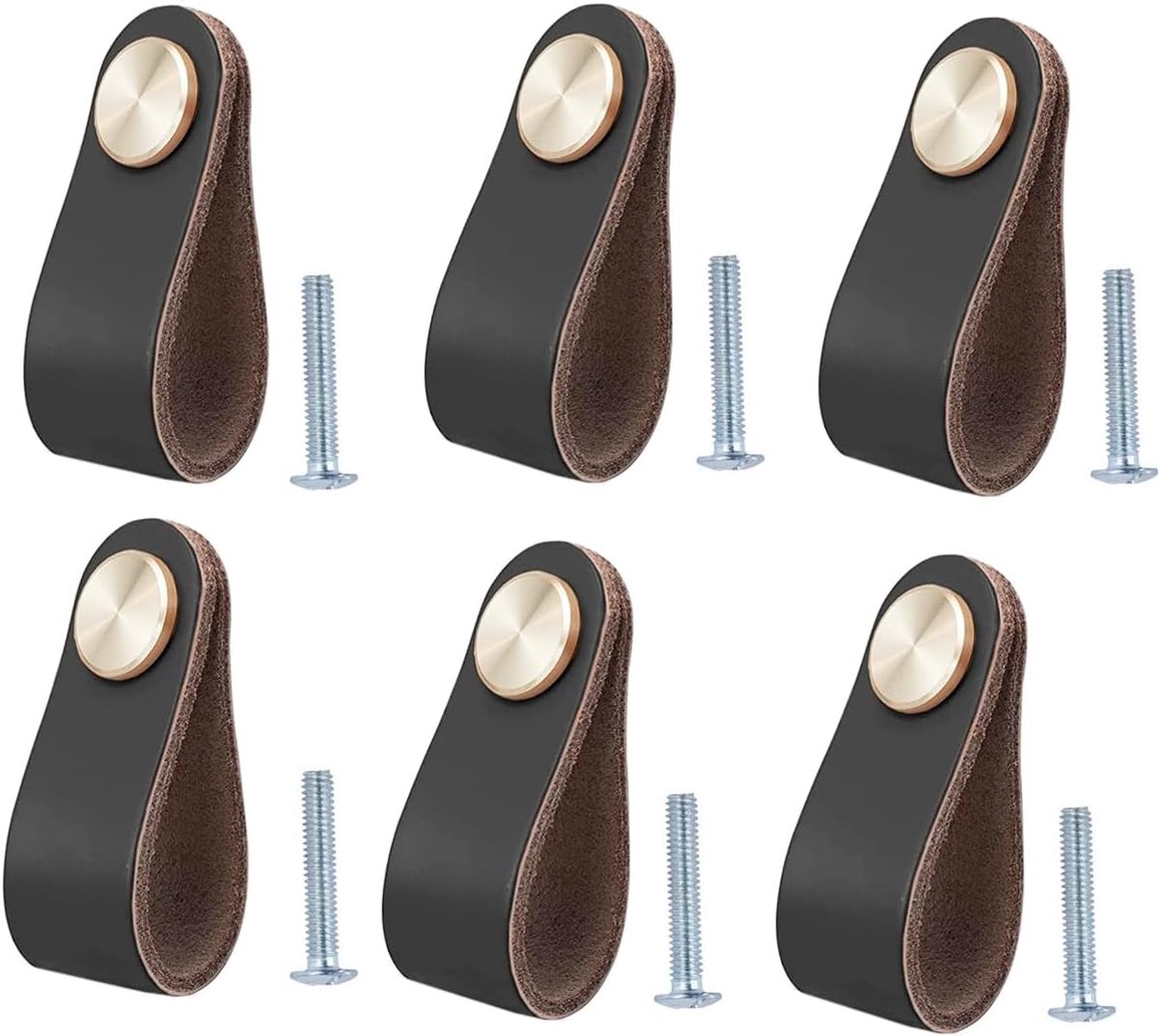 Lederen Handgrepen Set - 6 Stuks Meubelknoppen - 64x25 mm - Handgemaakt Rundleer met Messing - Voor Keuken Kast en Lade - Zwart